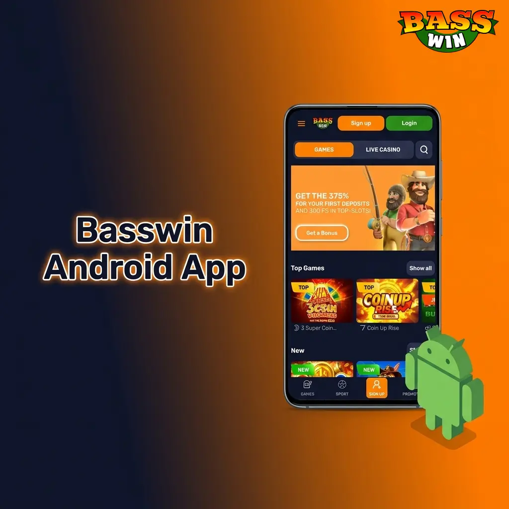 Basswin Android app interface showing mobile betting and casino games with account functions including deposits and withdrawals