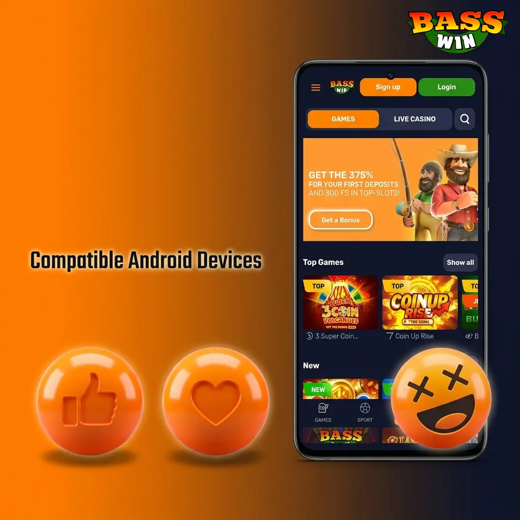 List of compatible Android devices for Basswin app including Samsung, Google Pixel, OnePlus, Xiaomi, Motorola, Sony, Oppo and Realme