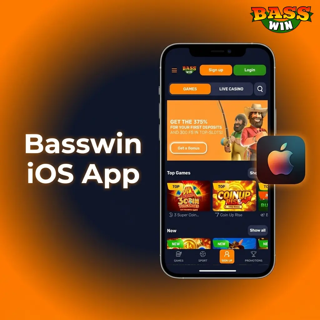 Basswin iOS app interface on iPhone and iPad showing live betting, casino games and account management features