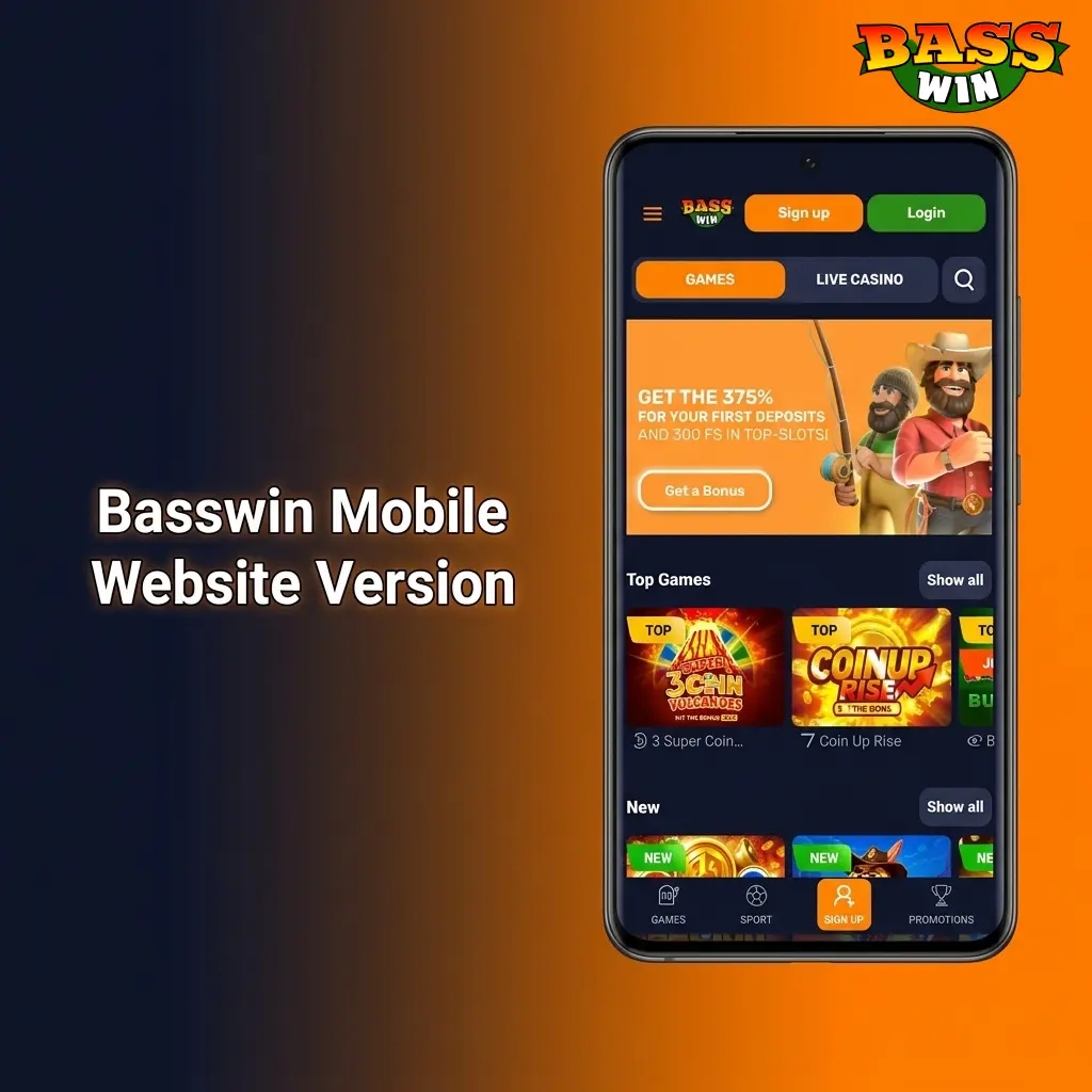 Basswin mobile website displayed on a smartphone browser, showing betting markets and casino games for UK players