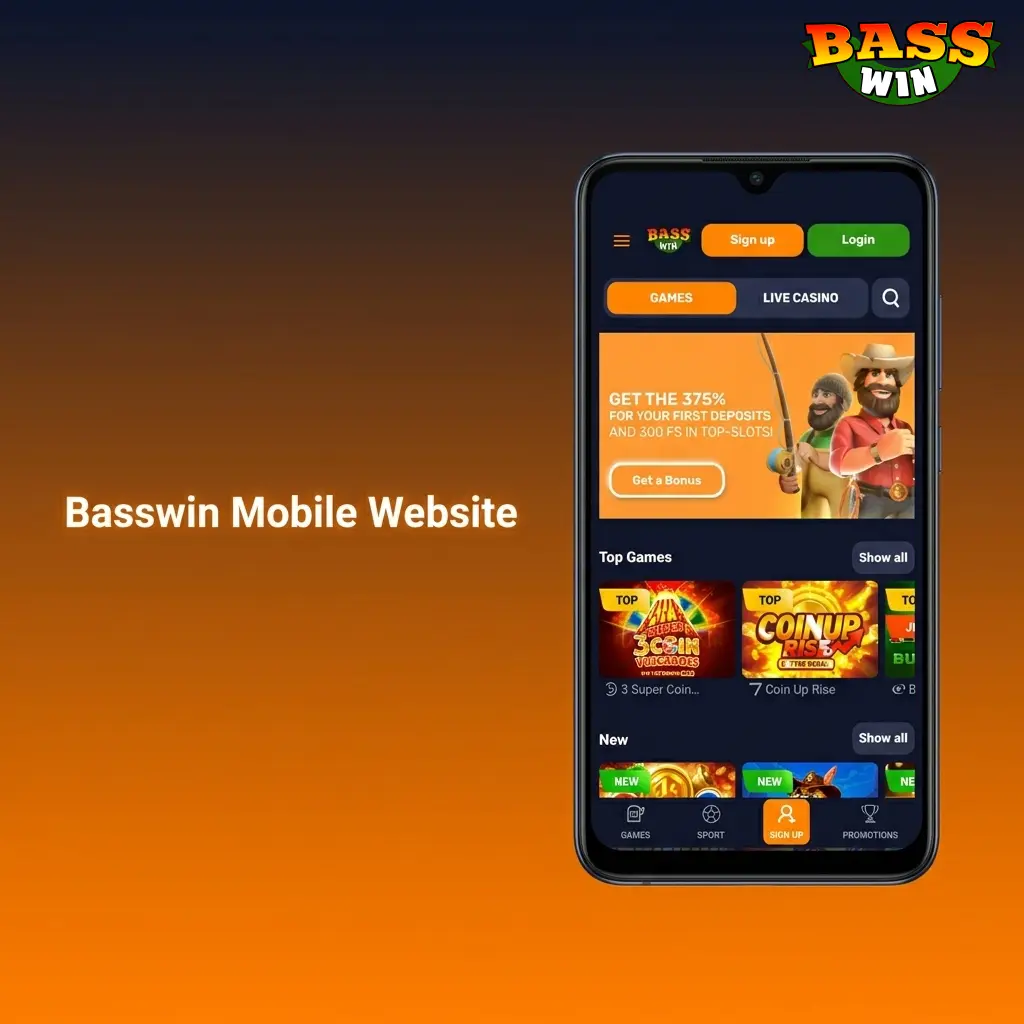 Basswin mobile website interface showing sportsbook and casino access in a smartphone browser without app download