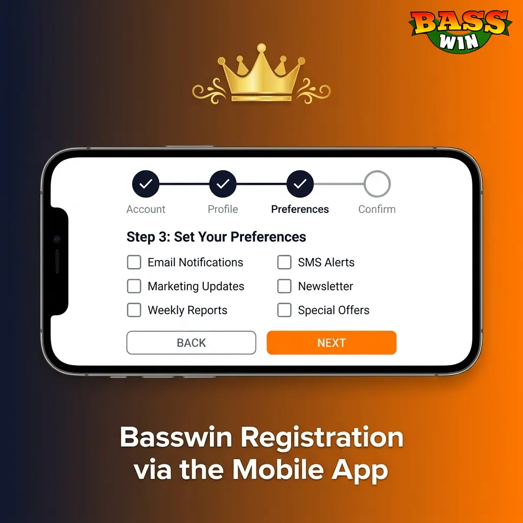 Basswin mobile app registration screen on iOS and Android showing sign-up form with email and social login options