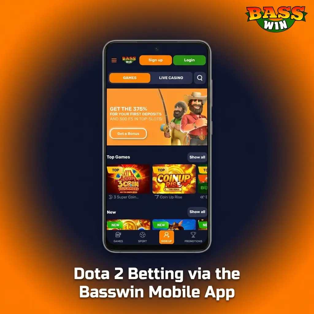 Basswin mobile app open on Dota 2 esports betting section showing live odds and in-play markets