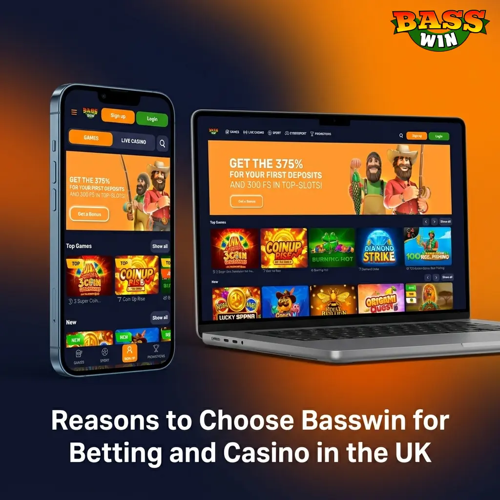 Basswin UK platform showing sportsbook, casino games, welcome bonus offer, mobile app, and secure payment options