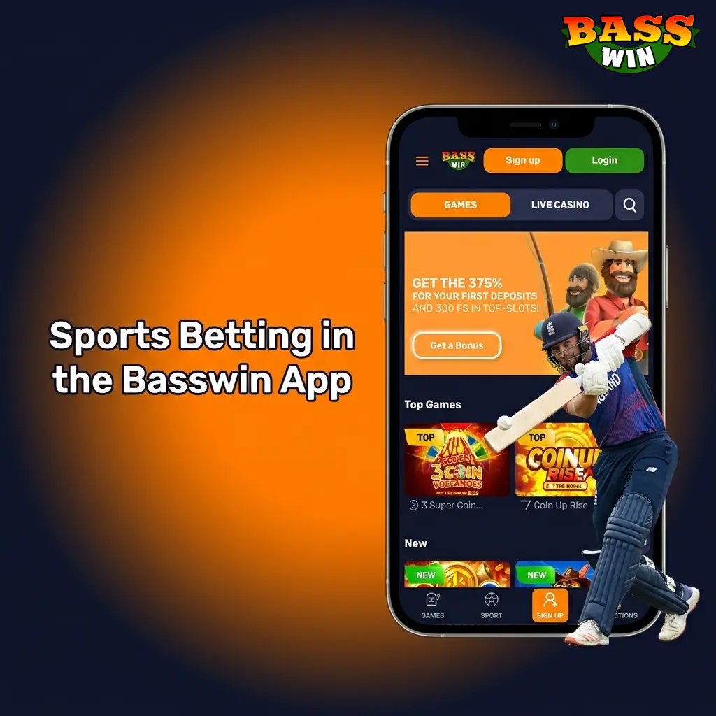 Basswin app sports betting interface showing football, tennis, basketball, eSports and more in LIVE and LINE modes