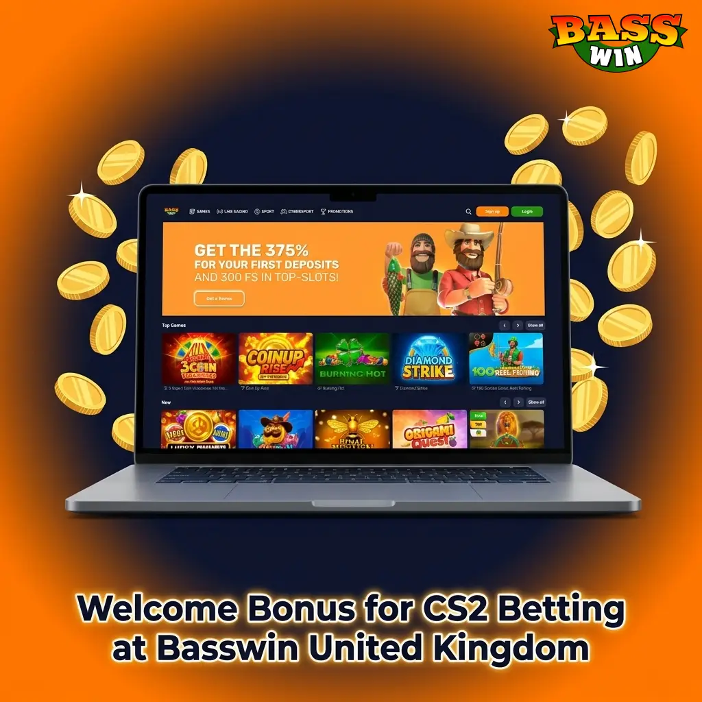 Basswin UK welcome bonus offer showing 375% bonus and 300 Free Spins for new players on first deposit for CS2 betting