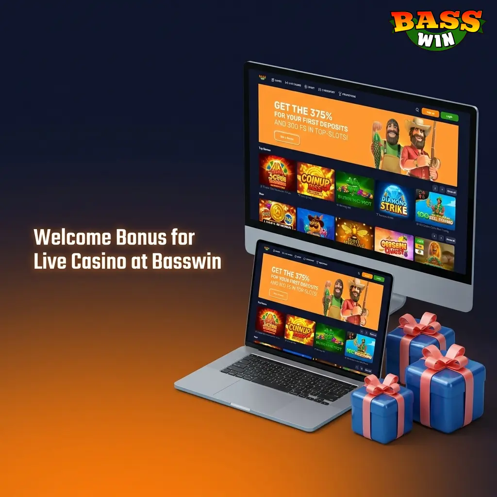 Basswin UK welcome bonus offer showing 375% first deposit match and 300 Free Spins promotion details