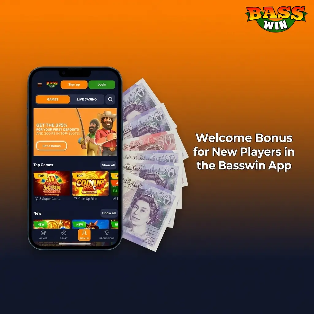 Basswin app welcome bonus for new UK players showing sports and casino deposit offers with match bonuses and free spins